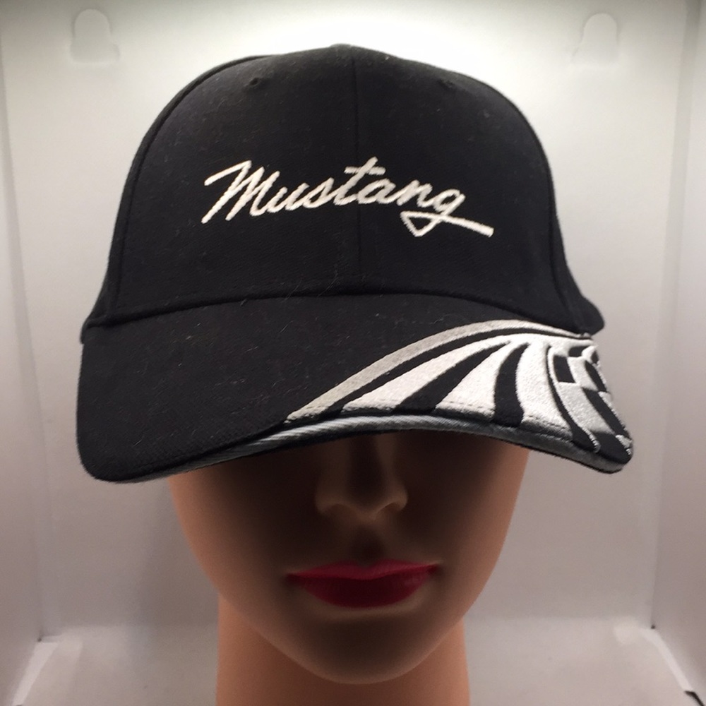 Mustang Swirl & Checkers Baseball Hat Cap Black White Fast Eddie Racewear